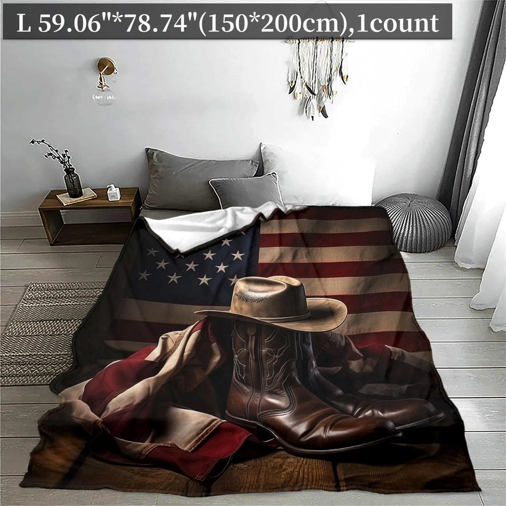 American Flag & Cowboy Hat Pattern Blanket, Western Blanket, Printed Blankets, Graphic Throw Blanket, 1 Count Soft Throw Blanket, Air-conditioned Room Blanket for Home Office Travel Camping