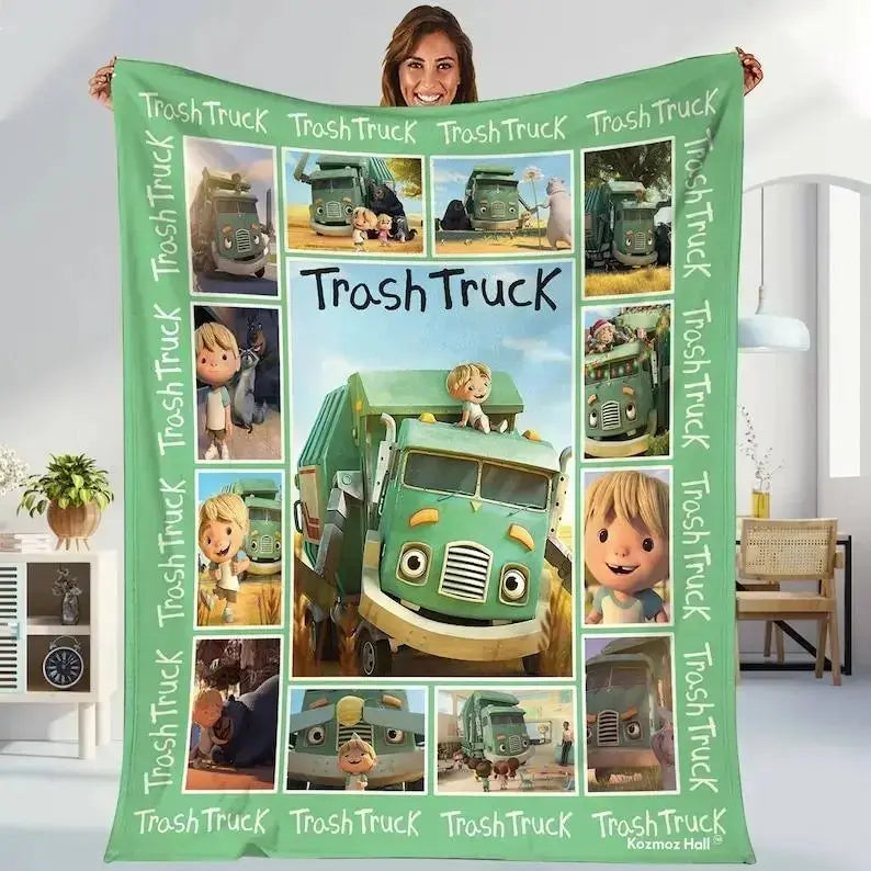 Adorable Animated 'Trash Truck' Flannel Blanket - 1 Piece, Soft Skin-Friendly Polyester, Cozy Aesthetic, Snug as a Bug in a Rug, Indoor Use, Cozy Warmth for Cold Nights, Ideal for Sofas & Beds, All-Season Bedding Gift, One Piece, Flannel Fabric
