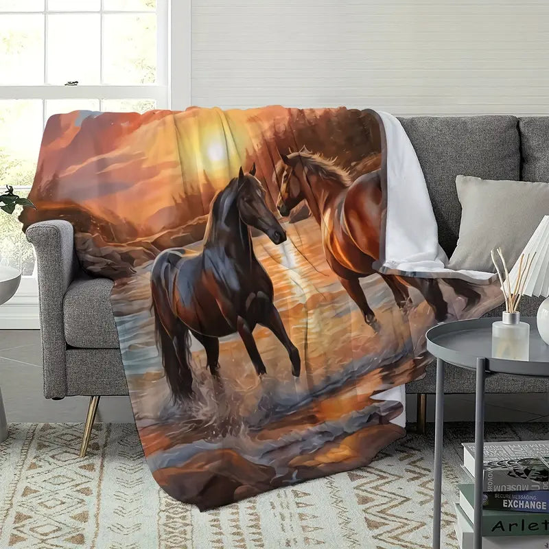 Modern Soft Touch Flannel Throw Blanket - Horse Print, Hypoallergenic Polyester, Warm Flannel Blankets for Sofa, Bed, Cozy Rest, Ideal Home Bedding Gift