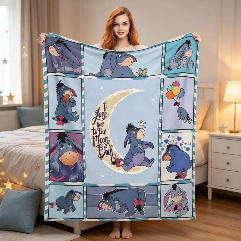 Disney Eeyore Fleece Throw Blanket, "I Love You to the Moon and Back" Collage Design, Soft Blanket for Bed, Couch, Holiday Gift