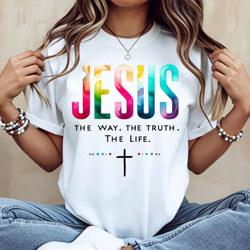 Men's Fitted Cut Casual Short-Sleeve Round Neck Custom Full Print "Jesus The Way The Truth The Life" Cross Motif Soft Cotton T-Shirt - White Textured Knit, Machine Washable, Suitable for Everyday & Outdoor Wear
