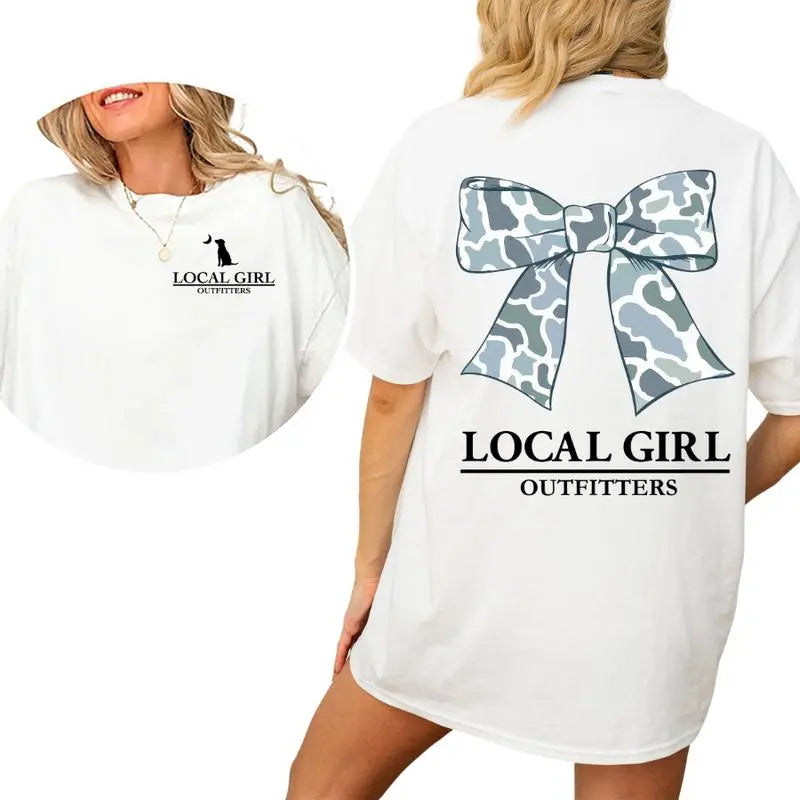 Women's Casual Customized Soft Cotton Round Neck Graphic Tee - Camo Bow Print, Southern Style Streetwear Piece, Loose Oversized Unisex Fit Fabric Top for Everyday Wear (Women's Clothes)