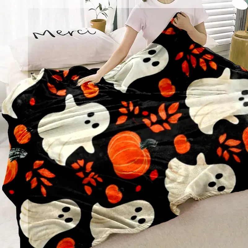 Halloween Pumpkin Skull Flannel Blanket, Digital Print Throw Cover, Air Conditioning Blanket, Nap Blanket, Ghost Face Blanket, Car/camping Multi-Functional Cozy Warm Blanket, Printed Blankets, Blanket Gifts