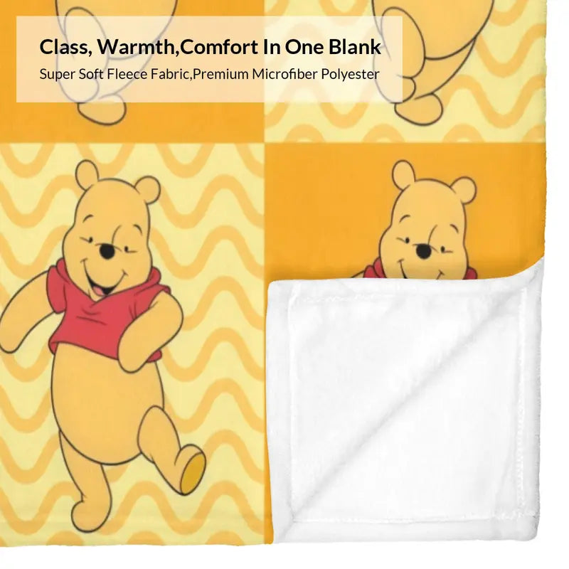 Disney Winnie the Pooh Cartoon Character Print Fluffy Soft Blanket - Flannel Fabric Cotton Blend, Bedroom Sofa Blanket, Multi-Purpose for Bed/Couch, Vintage Checkered Waves Anti-Fade Fleece Throw