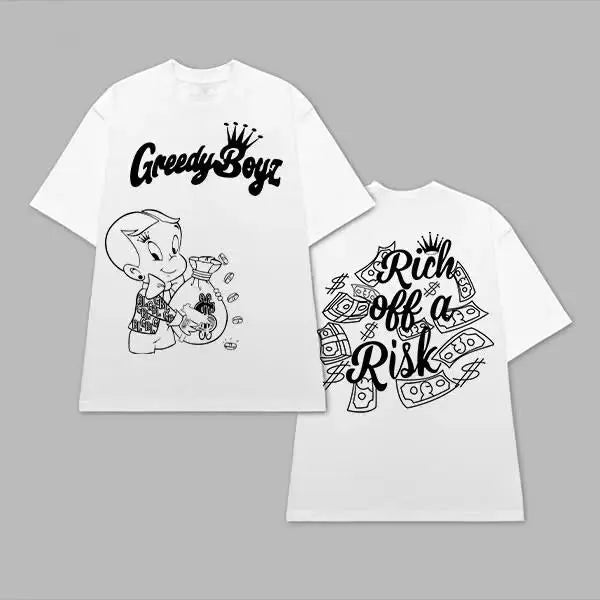 GreedyBoyz Menswear Short-Sleeve Tshirt - Customized Unisex Cotton Round Neck Graphic Top with "Rich off a Risk" Print, Machine Washable, All-Season Classic, Moisture-Wicking, Streetwear Everyday Top