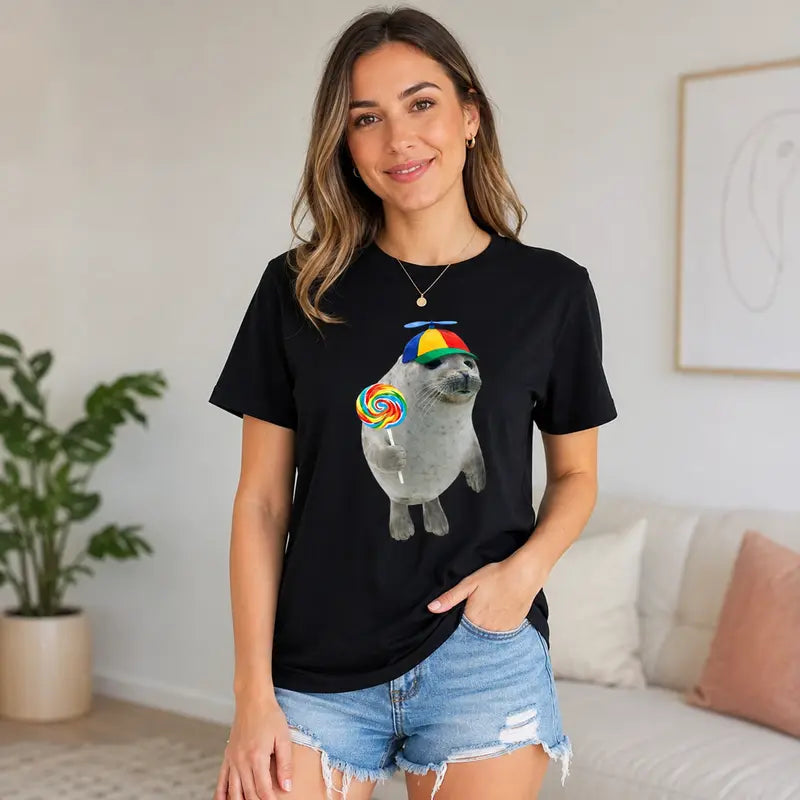 Men's Pure Cotton Oversized Vintage Meme Graphic T-Shirt - Silly Seal with Lollipop Print, Round Neck, Short-Sleeve, Breathable, Casual Customized Menswear Top