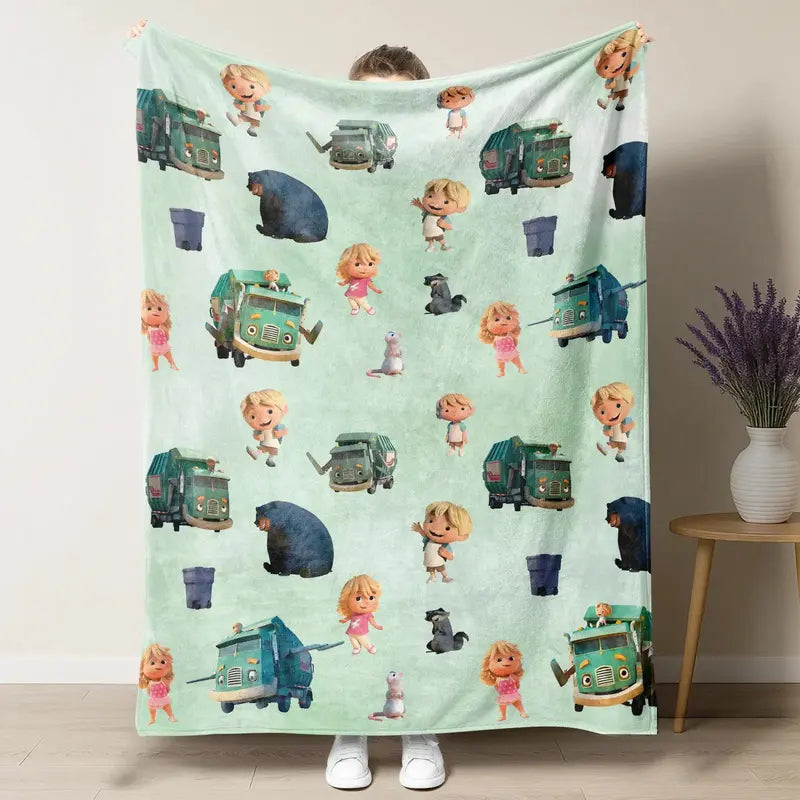 Adorable Animated 'Trash Truck' Flannel Blanket - 1 Piece, Soft Skin-Friendly Polyester, Cozy Aesthetic, Snug as a Bug in a Rug, Indoor Use, Cozy Warmth for Cold Nights, Ideal for Sofas & Beds, All-Season Bedding Gift, One Piece, Flannel Fabric
