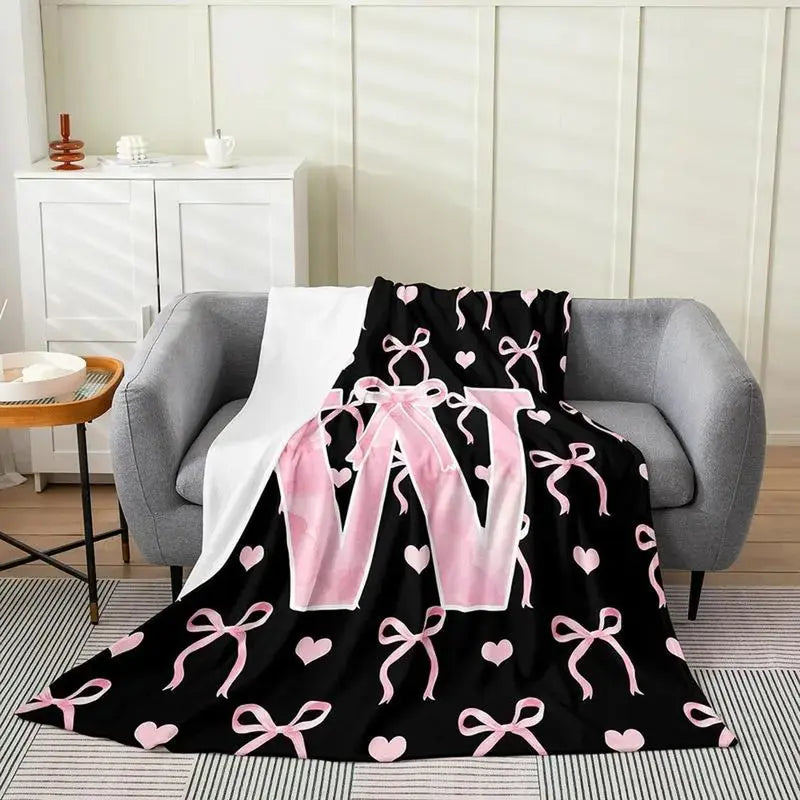 Classic Soft Flannel Throw Blanket - A-Z Initial Alphabet Print, 30x40 to 60x80 in, Black Blush Pink Design, Custom Monogrammed, Soft Texture, Durable All-Season Bedding for Bedroom, Gifts for Women, GF Gift