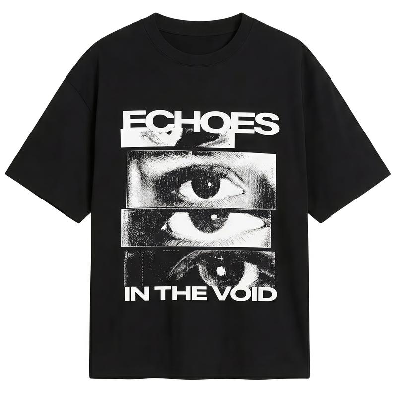 Echoes In The Void Graphic T-Shirt Artistic Eye Print Retro Glitch Art Tee Men's Casual Cotton Menswear Crewneck Stylish Short Sleeves Tshirts Top Womenswear Streetwear Tshirt Summer Shortsleeve
