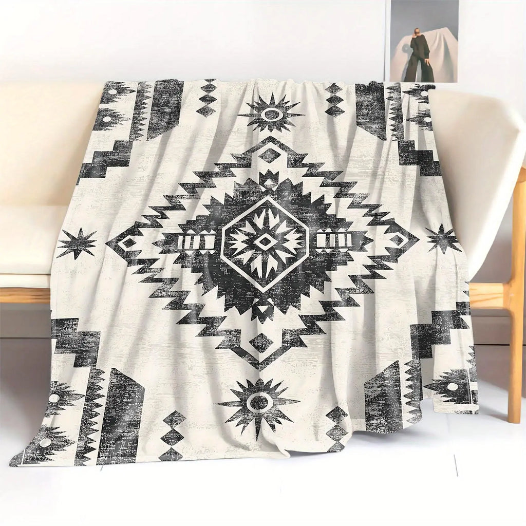 Boho Style Geometric Pattern Flannel Blanket, Soft Comfortable Lightweight Throw Blanket, Warm Napping Blanket for Home Office Camping