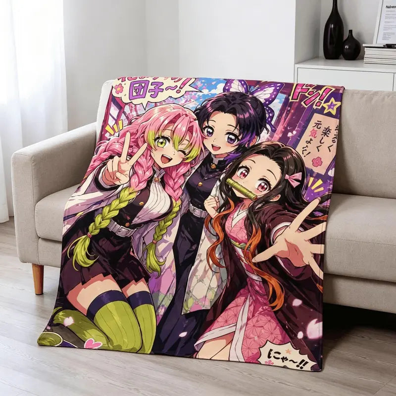Demon Slayer Nezuko Shinobu Mitsuri Cute Anime Graphic Flannel Throw - Wrinkle Resistant Bed Sofa Cartoon Print Blanket for Child Anime Action Figure Fans Bedroom Gift
