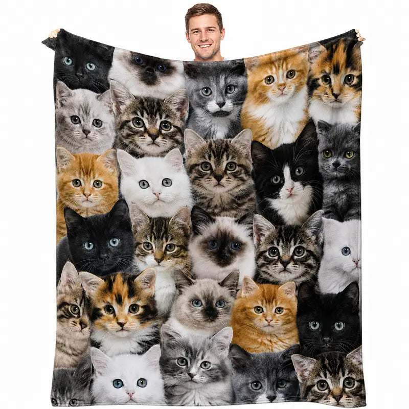 [Back to School] Cute Cat Animal Blanket 60''x80'' - 100% Polyester Flannel Throwblanket, Breathable Cozy Soft Blanket, Adorable Kitten Collage Design, Pet Lover Gift for Teens, Holiday Gift for Bed Couch Bedroom
