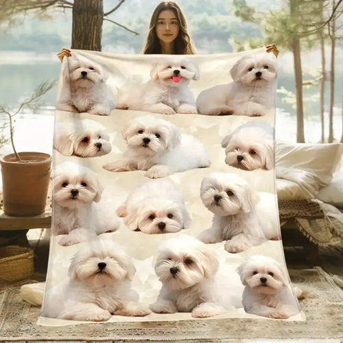 1Pc Fluffy Dog Blanket - Cute Animal Blanket with Adorable Puppy Faces, Soft Flannel Fabric 1-Piece Throw, Lightweight All-Seasons Warm Cover, Machine Washable for Small Dogs, Sofa & Bed Use