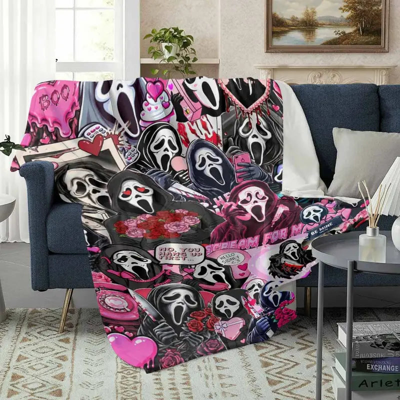 Valentine Ghost Motif Flannel Throw Blanket - Romantic Horror Art Print, Breathable Soft, Wrinkle-Resistant, Anti-Pilling, Lightweight, Machine Washable, Durable Decorative Sofa Blanket, Multi-Size Home/Sofa Accessory, Cozy Gift for Horror-Romance Lovers