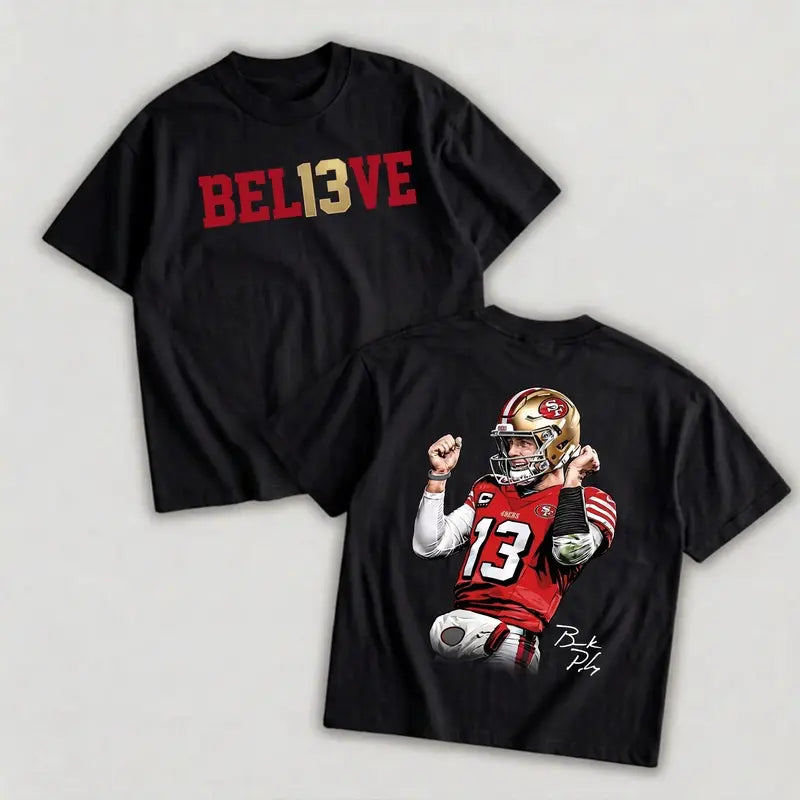 Red Number 13 Believe Purdy Football Graphic T-Shirt, Quarterback Game Day Tee, Two-Sided Unisex Sports Fan Shirt