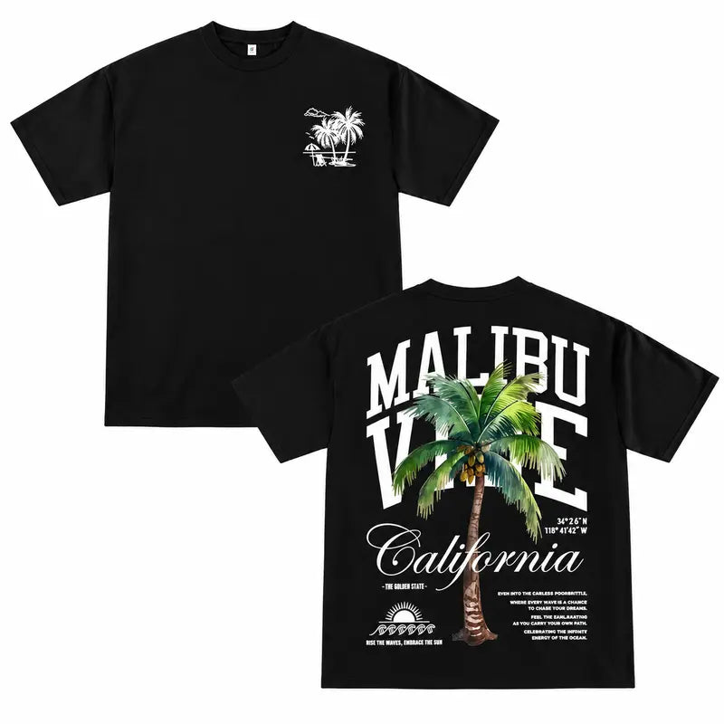 Men's Malibu California Graphic T-Shirt - 100% Cotton Short-Sleeve Round Neck Loose Stretch Knit, Double-Sided Print Casual Athleisure Tee, Ideal for Casual & Gym Use, Good Graphic Shirts for Gifting