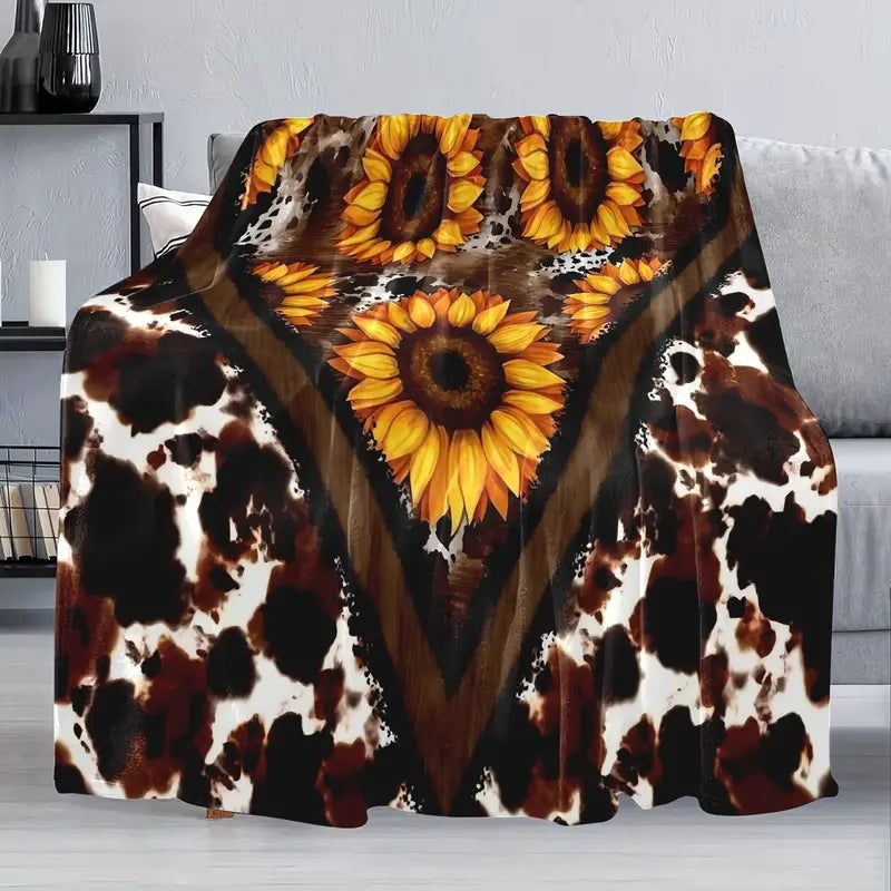 Vintage Animal Print Cow Flannel Knitted Fabric Throw Blanket - 250-300gsm Soft Polyester, Sunflower Motif, 30x40inch/50×60inch, Antipill Smooth, Home Decor, Adults, Sofa/Couch Covers, Christmas Gift for Sister 2 (White,Brown,Yellow)