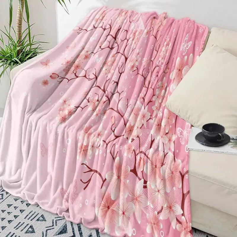 Cherry Blossom Pink Flower Flannel Throw Blanket Soft Cozy Blanket for Sofa Couch Bed Bedroom Decor Christmas Gift