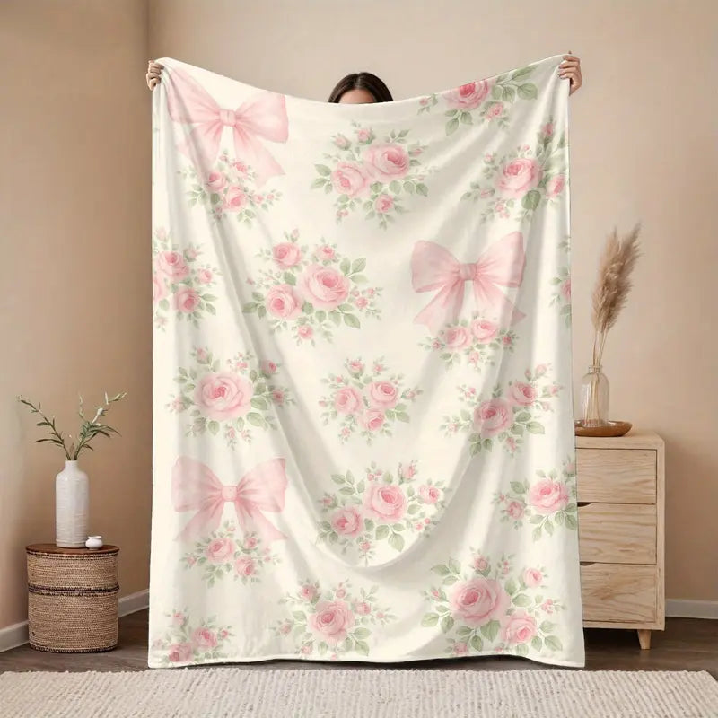 1pc 280GSM Large Flannel Throw Blanket - Pink Rose, Pink Bow, Green Leaf Art Print, Adorable Afghan Style Fluffy Blanket - Warm Bedding, Sofa Textile Throw, Throw Blankets, Fluffy Blankets