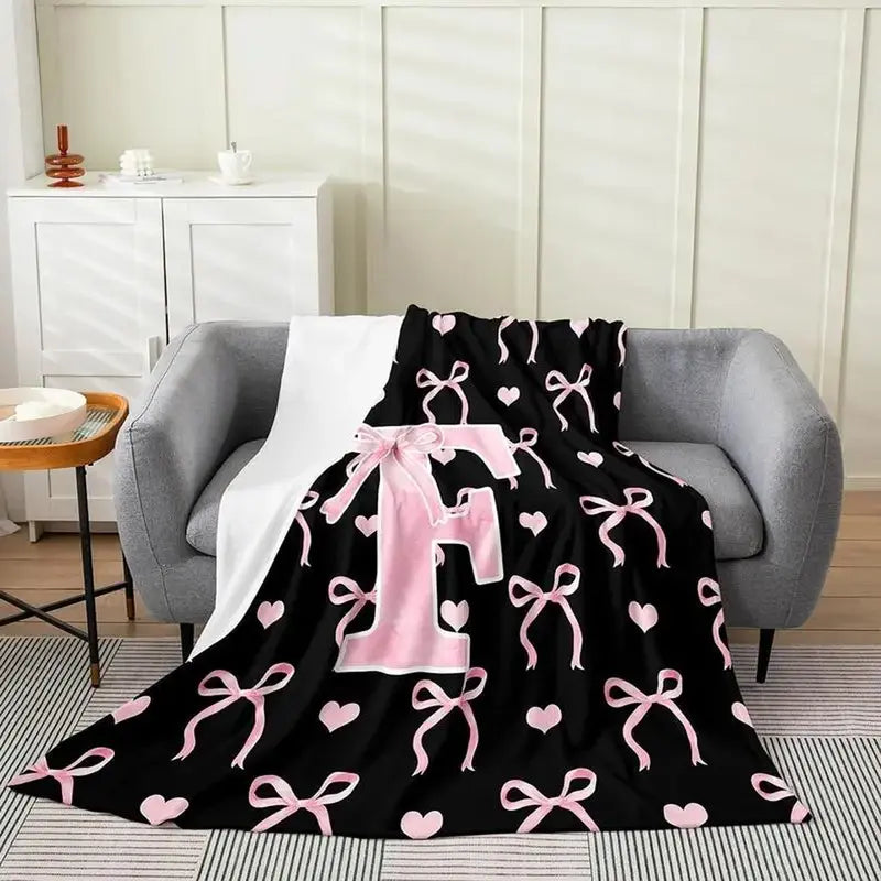 Classic Soft Flannel Throw Blanket - A-Z Initial Alphabet Print, 30x40 to 60x80 in, Black Blush Pink Design, Custom Monogrammed, Soft Texture, Durable All-Season Bedding for Bedroom, Gifts for Women, GF Gift