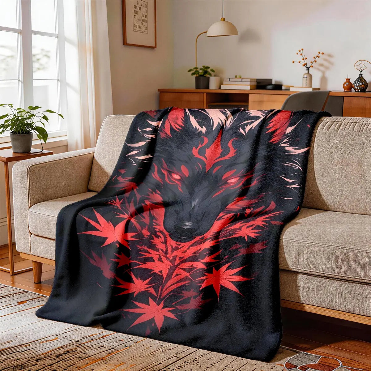 Maple Leaf Wolf Theme Flannel Blanket, Soft Throw Blanket, Decorative Blanket, Large Size, Soft and Lightweight, Perfect for All Seasons, Ideal Gift for Family, Cozy Throw Blankets