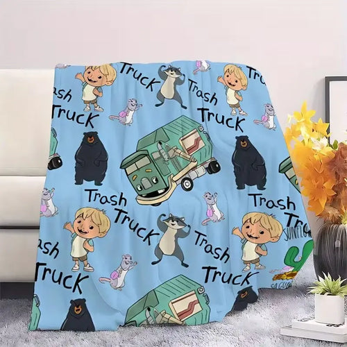 Adorable Animated 'Trash Truck' Flannel Blanket - 1 Piece, Soft Skin-Friendly Polyester, Cozy Aesthetic, Snug as a Bug in a Rug, Indoor Use, Cozy Warmth for Cold Nights, Ideal for Sofas & Beds, All-Season Bedding Gift, One Piece, Flannel Fabric