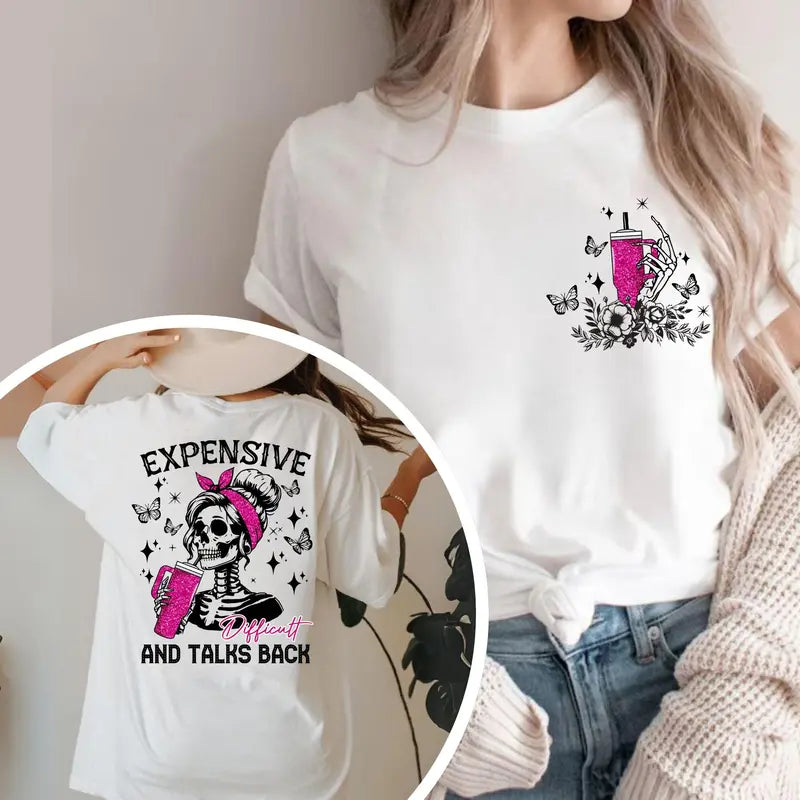 Men's Cotton Short-Sleeve Crew Neck Streetwear Tshirt - All Seasons Casual Top, Expensive Difficult Talk Back Slogan, Skeleton Graphic Grunge Meme Tee, Machine Washable