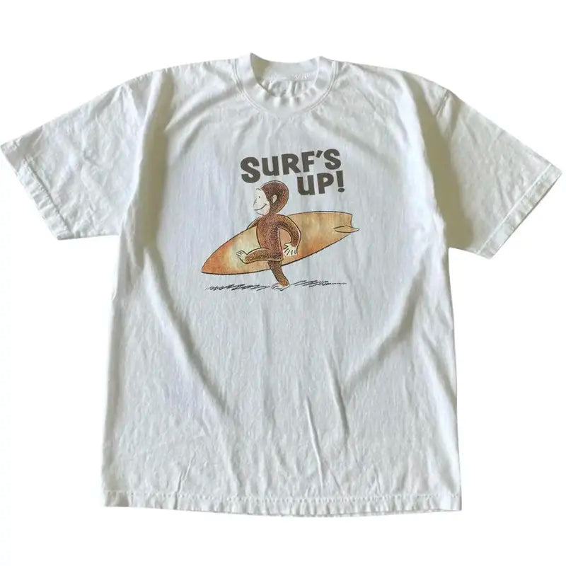 Men's Unisex Curious George Surfs Up Vintage Graphic Tee - Pure Cotton Casual Customized Cartoon Print, Animal-Inspired Gothic Grunge 2000s Emo Scene Amity Affliction Style Short-Sleeve Streetwear Top