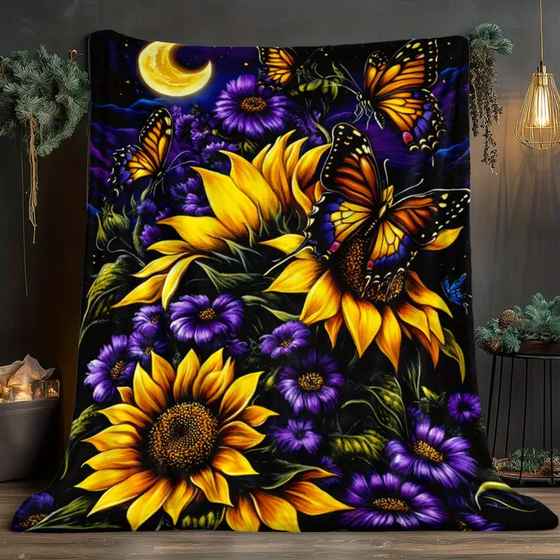 Digital Printed Sunflower Nature Art Graphic Throw Blanket - 100% Polyester, Traditional Style, Wrinkle Resistant, Flannel Finish, AC-Room Breathable, Multi-Size, Lightweight Drape, Soft, Warm, All-Season Aesthetic Throw Blankets for Bedrooms, Sofas
