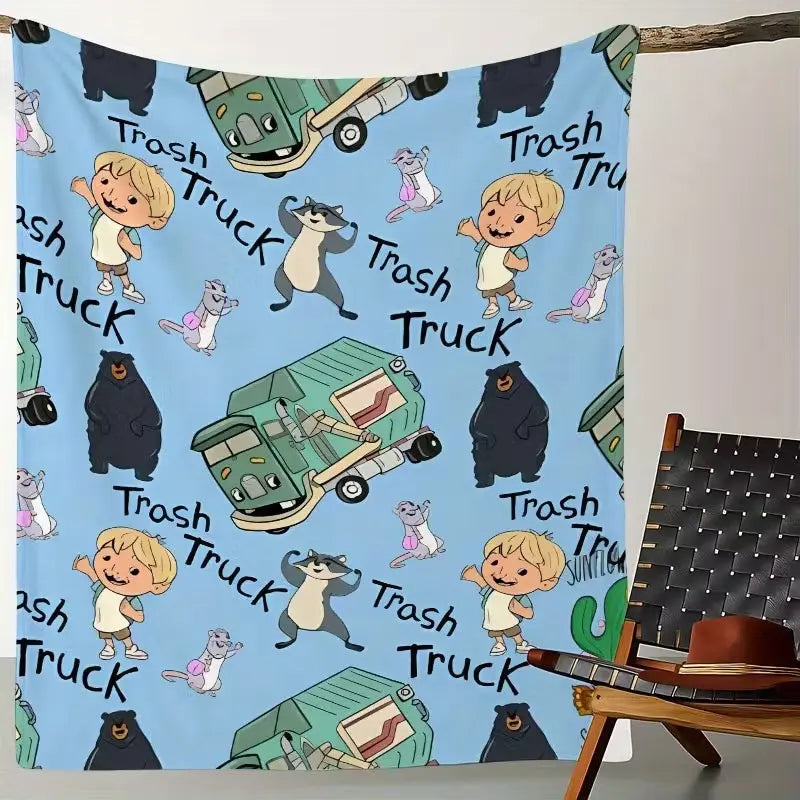 Adorable Animated 'Trash Truck' Flannel Blanket - 1 Piece, Soft Skin-Friendly Polyester, Cozy Aesthetic, Snug as a Bug in a Rug, Indoor Use, Cozy Warmth for Cold Nights, Ideal for Sofas & Beds, All-Season Bedding Gift, One Piece, Flannel Fabric