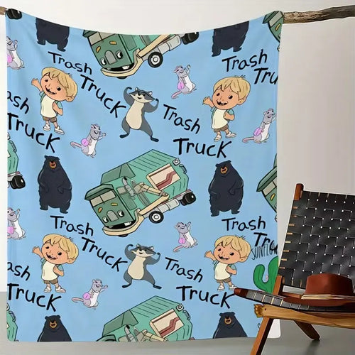 Adorable Animated 'Trash Truck' Flannel Blanket - 1 Piece, Soft Skin-Friendly Polyester, Cozy Aesthetic, Snug as a Bug in a Rug, Indoor Use, Cozy Warmth for Cold Nights, Ideal for Sofas & Beds, All-Season Bedding Gift, One Piece, Flannel Fabric