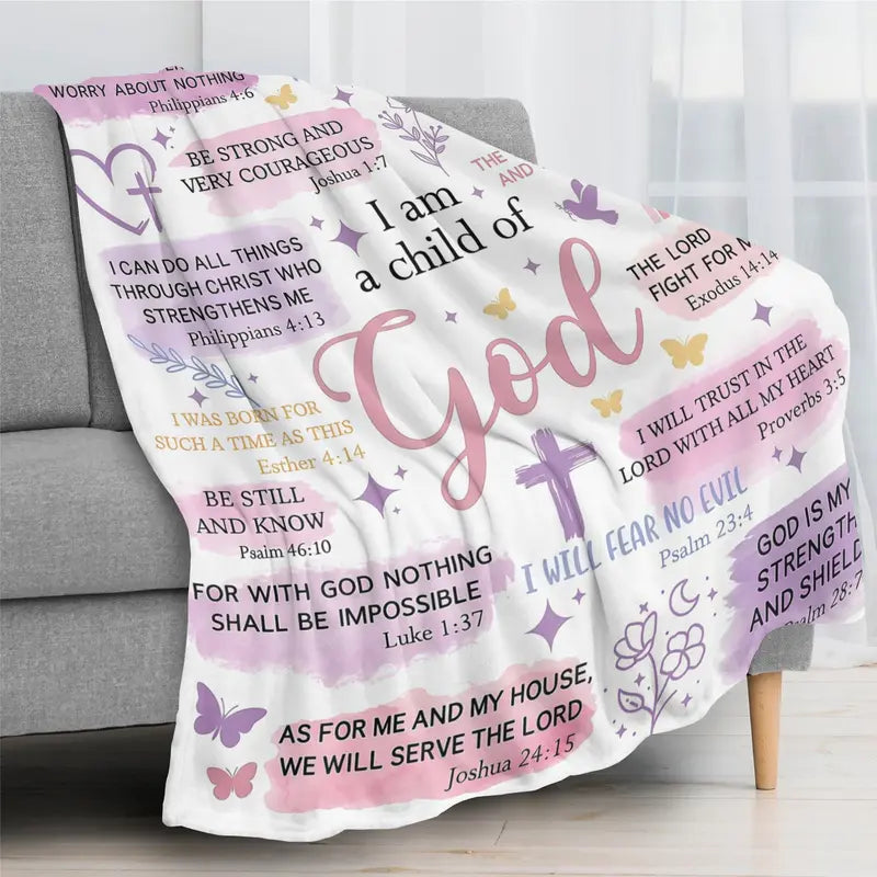 Durable Printed Flannel Blanket (60x80 in) - Faith-Based "I Am A Child Of God" Bible Quote Collage, Pastel Watercolor Religious Print, Plush Fabric, Blankets for Sofa, Girl Room Decor, Cute Girly Back to School Gift