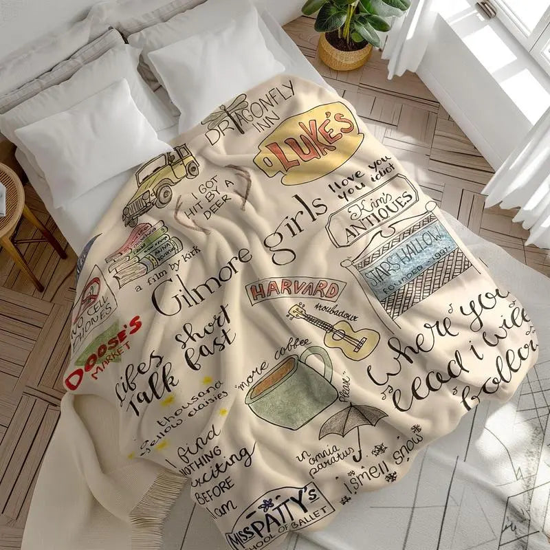 Gilmore Girls Hand-Drawn Flannel Printed Blanket - Soft Fluffy Bedding Throw, Iconic TV Show Art, Slogan Quotes Background, Cozy Style, Bookish Aesthetic, Fan Gift Ready, Warm for Christmas Evenings