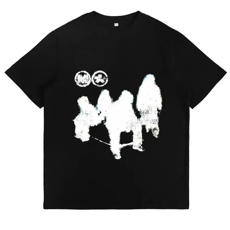 Men's Black Cotton Customizable Crew Neck Short-Sleeve Graphic T-Shirt - Loose Relaxed Fit, Menswear Streetwear Grunge Skater White Shadow Figures, Machine Washable Casual Summer Top
