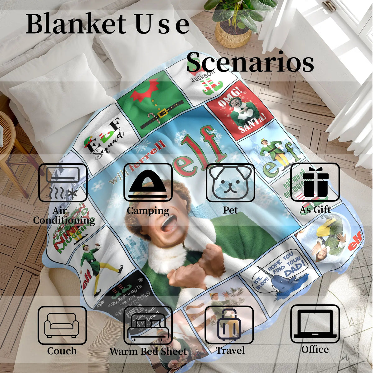 Christmas Elf Print Blanket, Lightweight Cozy Blanket, Soft Flannel Nap Mat for Living Room Bedroom Office School Home Use, Perfect Gift for All Seasons, Soft Blankets, Blanket Gifts