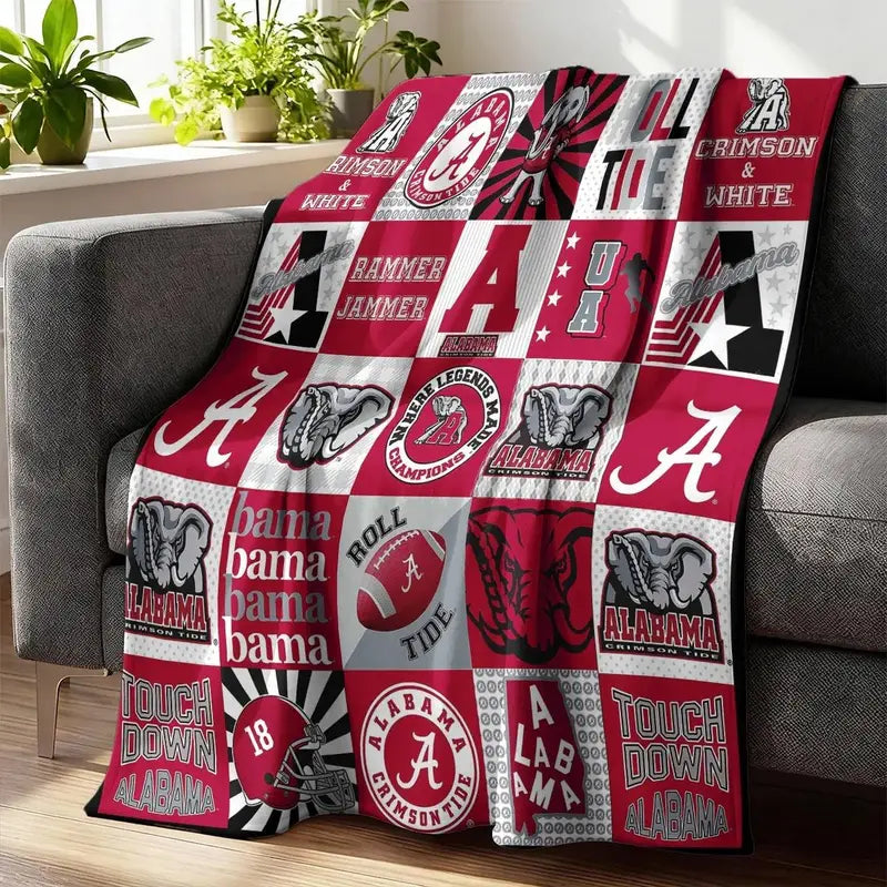 Alabama Crimson Tide Patchwork College Logo Blanket - High-Weight Flannel Fabric, Soft & Warm, No-Crease, Machine Washable Bedding, Blanket Gift, Ideal for Football Fans, No-Crease Blankets