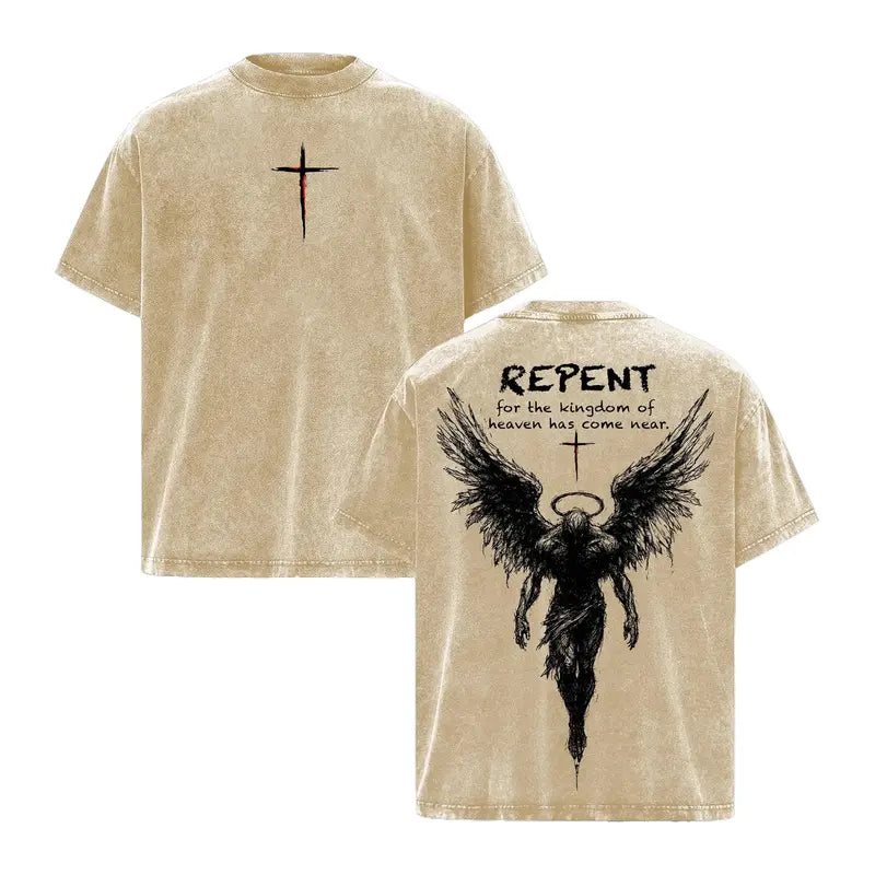 Men's Cotton Retro Rib Round Neck Short-Sleeve T-Shirt - Repent Vintage Washed Oversized Christian Top, Angel Wings Faith Print Distressed Streetwear Tee, Graphic