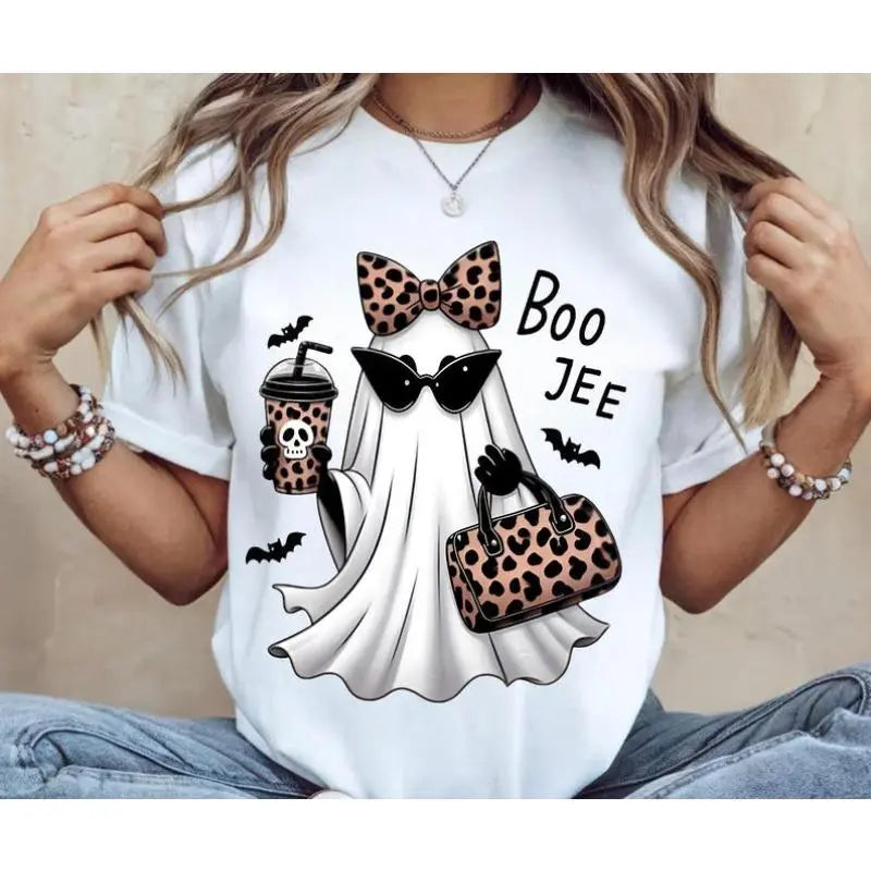 Men's Regular-Fitted Customized Short-Sleeve Round Neck Soft Cotton Full Print Graphic Halloween Shirts - Boo-Jee Leopard Accents Ghost Coffee Design, Casual Street Fall Gift, Textured Knit Outdoor Top (Belle, Princess, Book, Music Note, Del Padre Themes)