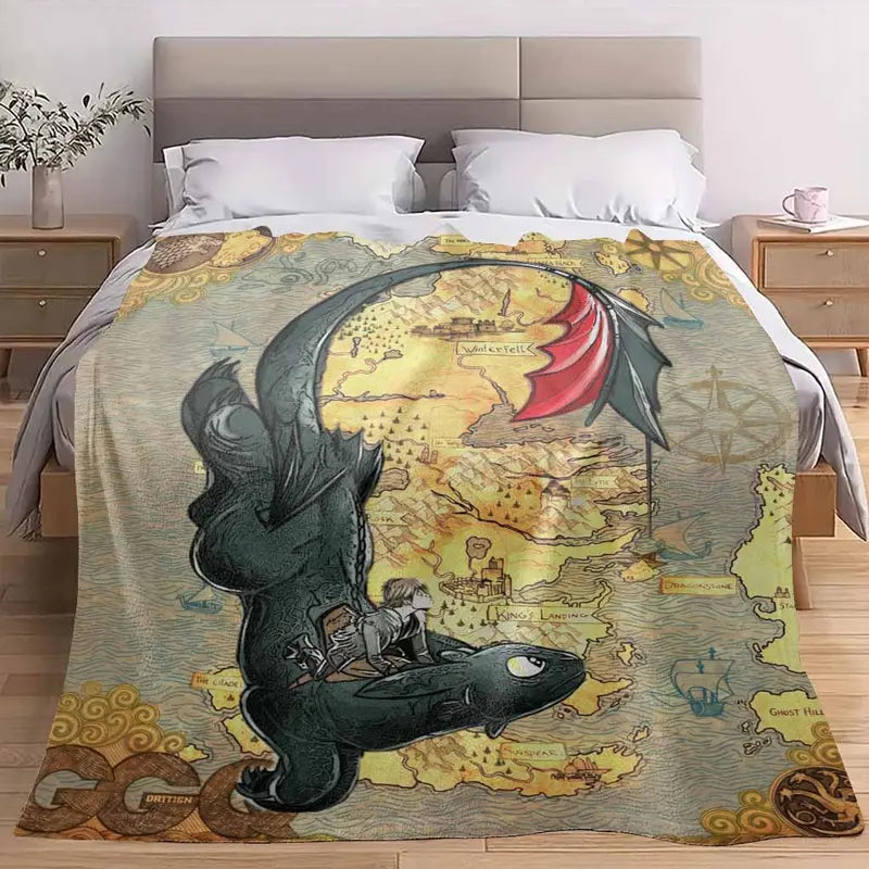 Fantasy Dragon Rider Flannel Throw Blanket - 6 Size Options, 60x80 in Covers XL Beds, Anti-Pilling Flannel Fabric, HD Vintage Map Print, Fade-Safe Dye, Soft Warm Lightweight, Indoor/Outdoor Home Decor, Bedroom Use or Travel Gift
