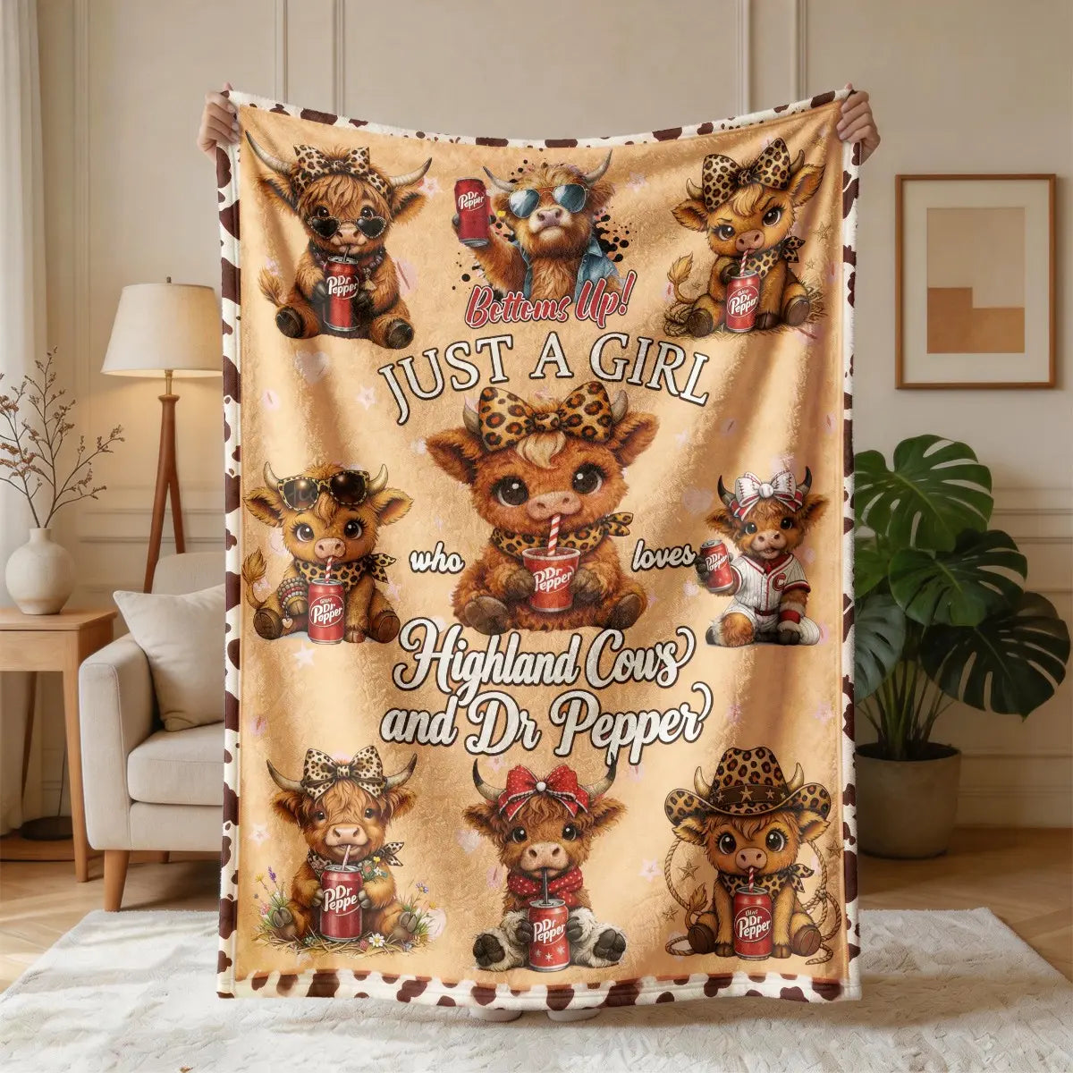 Highland Cow & Dr Pepper Flannel Blanket, Funny Graphic Throw Blanket, Soft Cozy Blanket, Large Size, Soft and Lightweight, Perfect for All Seasons, Ideal for Bed, Sofa, Office, Camping, Travel, Soft Throws Blanket