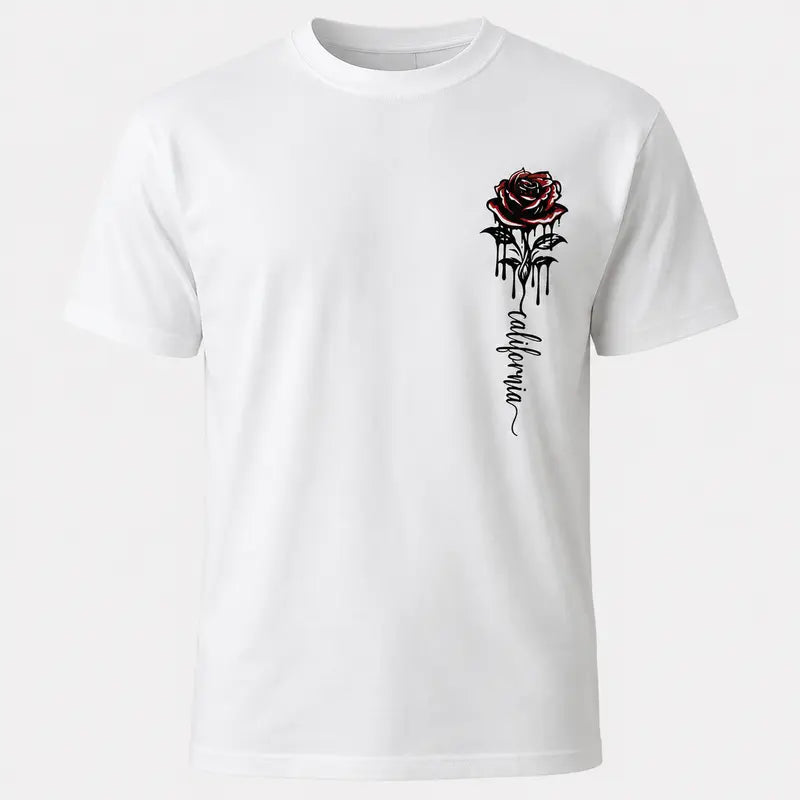 Men's Rose Print Cotton Blend Crew Neck Casual Short-Sleeve T-Shirt - Quick-Drying Loose-Fit Menswear Summer Casual T-Shirts, Everyday Basics, Machine Washable