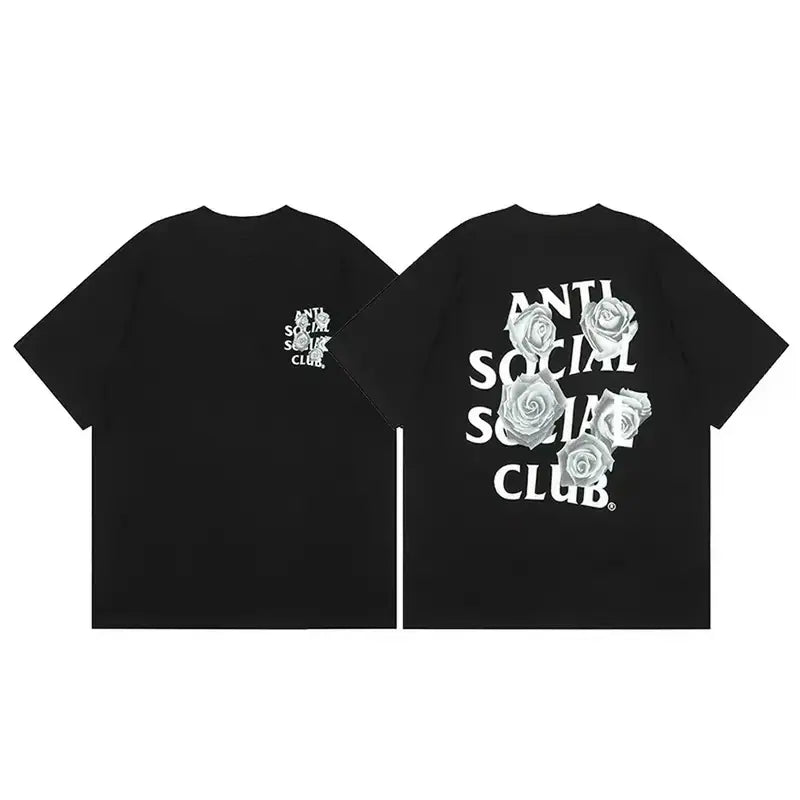Anti Social Social Club "White Roses" Customized Round Neck Shortsleeve Cotton Graphic Tshirt - Bold Floral Design Streetwear Outfits Top, 100% Cotton Unisex Cut, Medium Length, Textured Knit, Casual Menswear, Machine Washable
