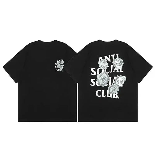 Anti Social Social Club "White Roses" Customized Round Neck Shortsleeve Cotton Graphic Tshirt - Bold Floral Design Streetwear Outfits Top, 100% Cotton Unisex Cut, Medium Length, Textured Knit, Casual Menswear, Machine Washable