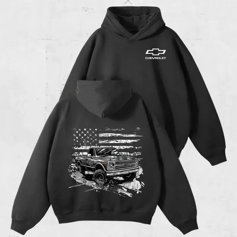 American Flag Chevy Truck Hoodie – Vintage Square Body Pullover, Classic Pickup with USA Flag Graphic, Patriotic Car Guy Sweatshirt, Unisex Gear