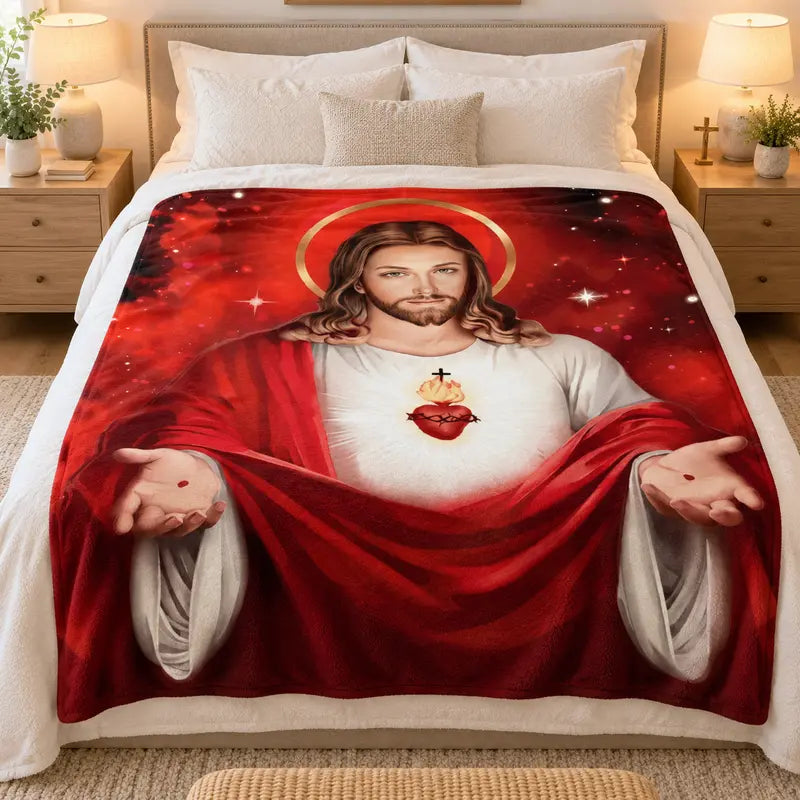 Sacred Heart of Jesus Blanket, Divine Mercy Christian Throw, Red Spiritual Religious Gift for Catholics, Soft Cozy Faith Home Decor for Mom/Grandma ，Christian Gifts for Women Blanket ,Mother's Day Gift for Mom