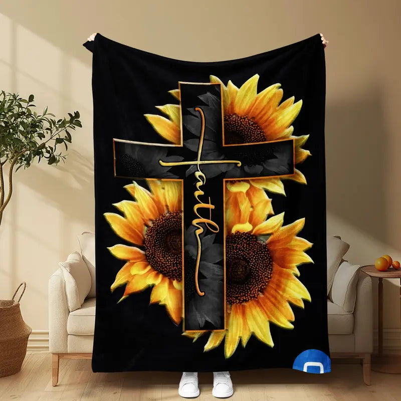 Sunflower Cross Throw Blanket, Faith Flannel Blanket for Couch Sofa Bed, Christian Home Decor, Cozy Gift for Family