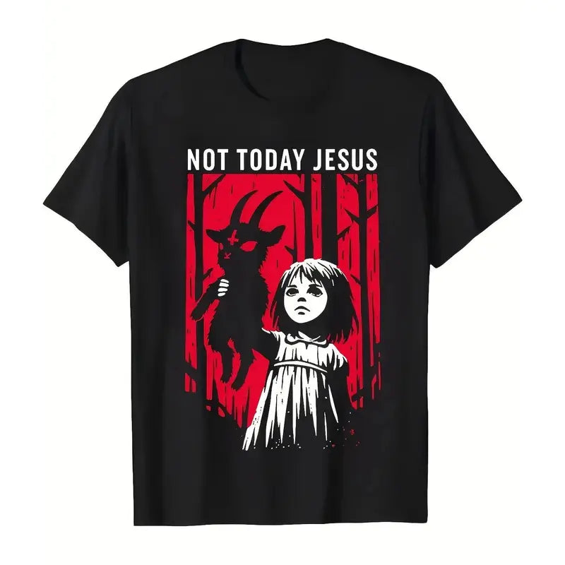Men's Pure Cotton Casual Breathable Graphic Crew Neck Shortsleeve Tee, Menswear Round Neck Letters Print Top - "Not Today Jesus" Baphomet Goat Design, Streetwear All Seasons Stylish Aesthetic Shirt
