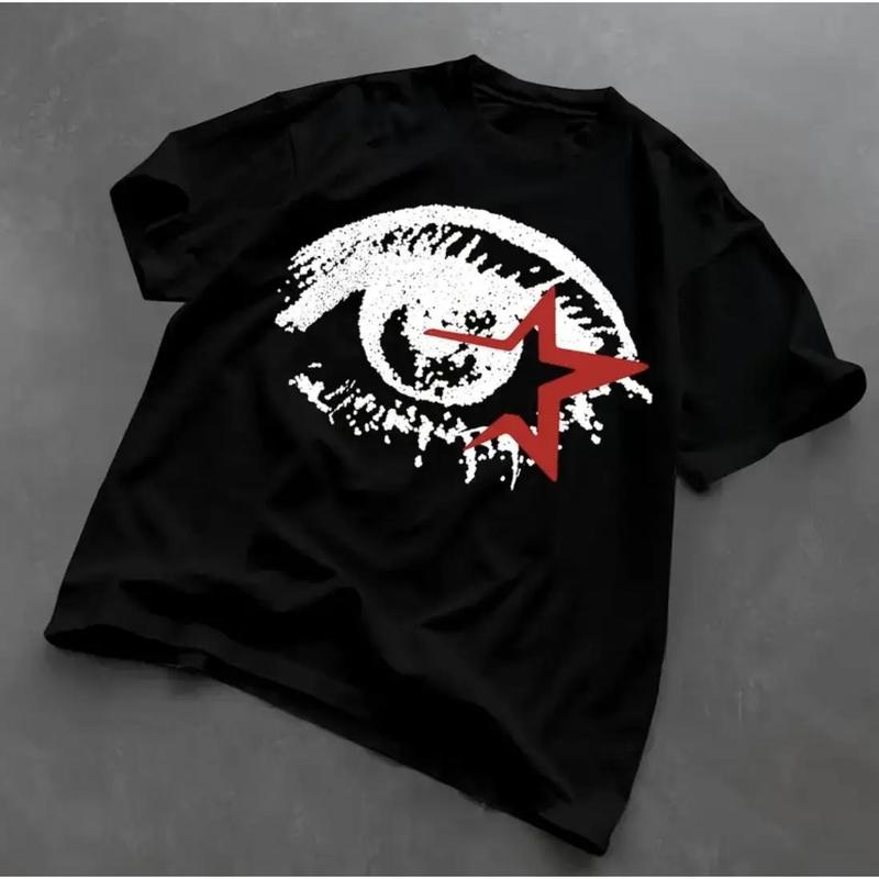 Unisex Vintage Big Eye Graphic T-Shirt - Gothic Grunge Y2k Emo Scene Amity Affliction Style, Soft Cotton, Full Print, Casual Fitted Cut, Short-Sleeve Round Neck Streetwear Top, Customizable Menswear
