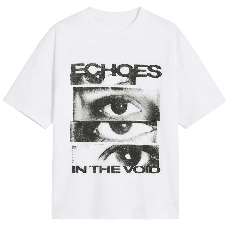 Echoes In The Void Graphic T-Shirt Artistic Eye Print Retro Glitch Art Tee Men's Casual Cotton Menswear Crewneck Stylish Short Sleeves Tshirts Top Womenswear Streetwear Tshirt Summer Shortsleeve