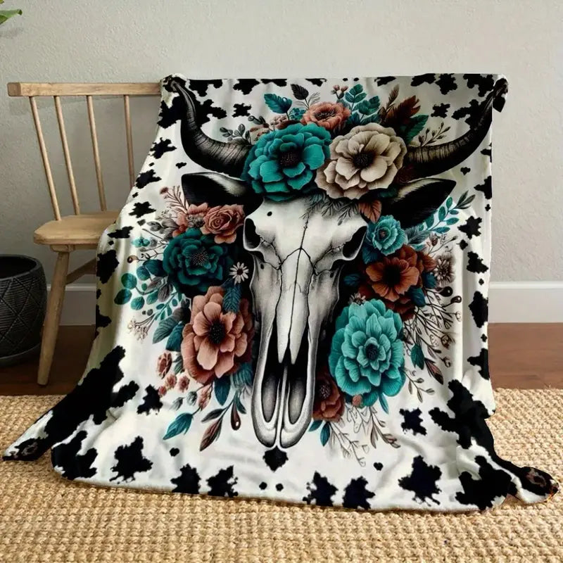 Western Bull Skull Floral Flannel Cow Print Throw Blanket - Soft Cozy Polyester, Blanket for Couch, Home Decor Accent, Living Room & Cabin Decor Addition
